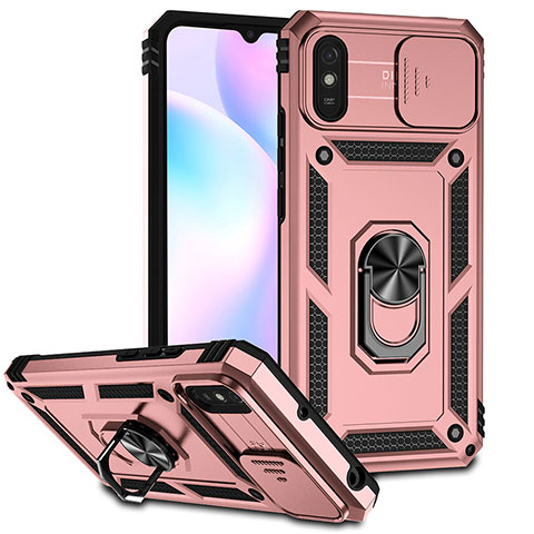 Funda Bumper Silicona y Plastico Mate Carcasa con Magnetico Anillo de dedo Soporte QW3 para Xiaomi Redmi 9AT Oro Rosa