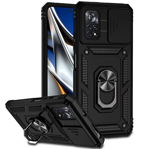 Funda Bumper Silicona y Plastico Mate Carcasa con Magnetico Anillo de dedo Soporte QW3 para Xiaomi Redmi Note 11E Pro 5G Negro