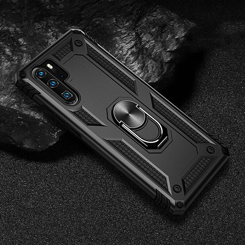 Funda Bumper Silicona y Plastico Mate Carcasa con Magnetico Anillo de dedo Soporte R01 para Huawei P30 Pro Negro