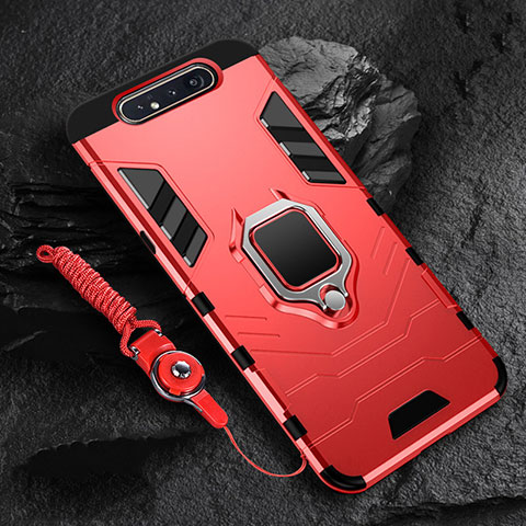 Funda Bumper Silicona y Plastico Mate Carcasa con Magnetico Anillo de dedo Soporte R01 para Samsung Galaxy A80 Rojo