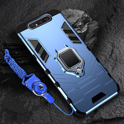 Funda Bumper Silicona y Plastico Mate Carcasa con Magnetico Anillo de dedo Soporte R01 para Samsung Galaxy A90 4G Azul