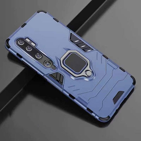 Funda Bumper Silicona y Plastico Mate Carcasa con Magnetico Anillo de dedo Soporte R01 para Xiaomi Mi Note 10 Azul
