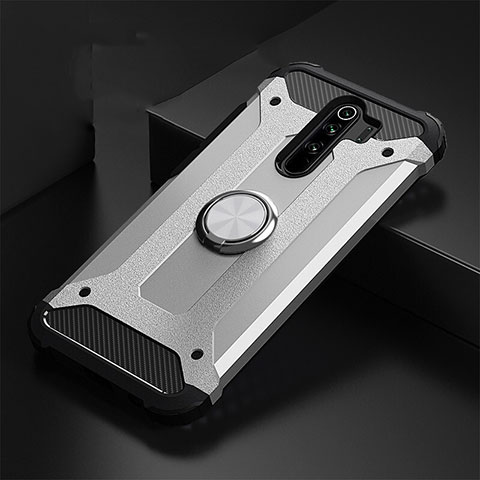 Funda Bumper Silicona y Plastico Mate Carcasa con Magnetico Anillo de dedo Soporte R01 para Xiaomi Redmi Note 8 Pro Plata