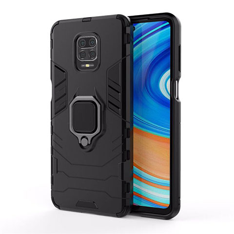 Funda Bumper Silicona y Plastico Mate Carcasa con Magnetico Anillo de dedo Soporte R01 para Xiaomi Redmi Note 9 Pro Negro