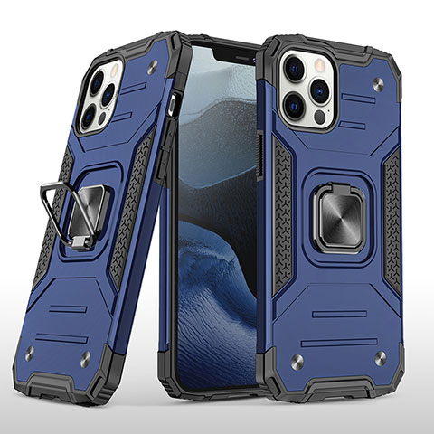 Funda Bumper Silicona y Plastico Mate Carcasa con Magnetico Anillo de dedo Soporte R02 para Apple iPhone 12 Pro Azul