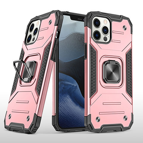 Funda Bumper Silicona y Plastico Mate Carcasa con Magnetico Anillo de dedo Soporte R02 para Apple iPhone 12 Pro Max Oro Rosa