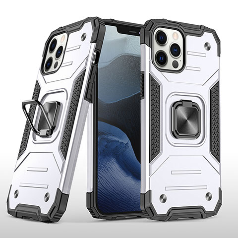 Funda Bumper Silicona y Plastico Mate Carcasa con Magnetico Anillo de dedo Soporte R02 para Apple iPhone 12 Pro Max Plata