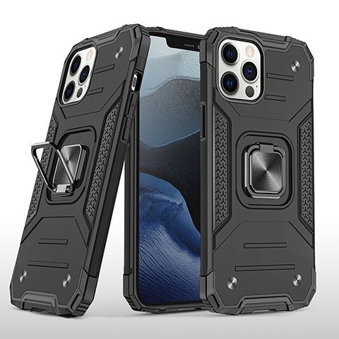 Funda Bumper Silicona y Plastico Mate Carcasa con Magnetico Anillo de dedo Soporte R02 para Apple iPhone 12 Pro Negro