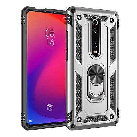 Funda Bumper Silicona y Plastico Mate Carcasa con Magnetico Anillo de dedo Soporte R02 para Xiaomi Mi 9T Pro Plata