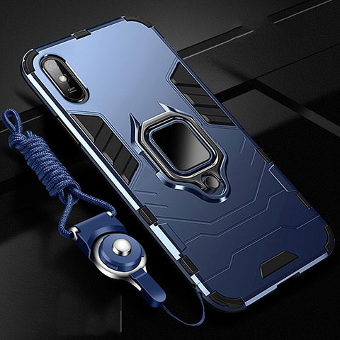 Funda Bumper Silicona y Plastico Mate Carcasa con Magnetico Anillo de dedo Soporte R02 para Xiaomi Redmi 9i Azul