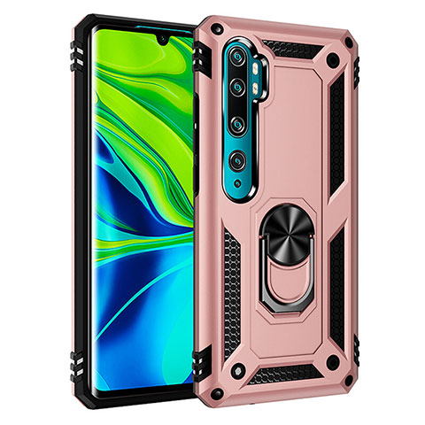 Funda Bumper Silicona y Plastico Mate Carcasa con Magnetico Anillo de dedo Soporte R03 para Xiaomi Mi Note 10 Oro Rosa