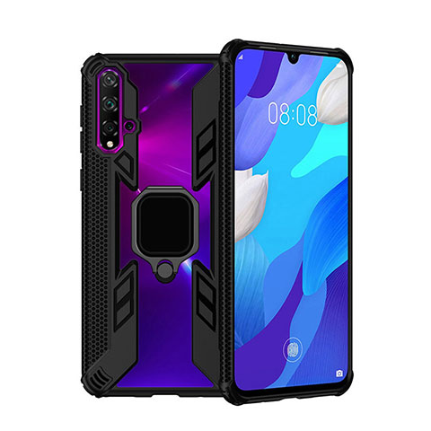 Funda Bumper Silicona y Plastico Mate Carcasa con Magnetico Anillo de dedo Soporte R04 para Huawei Nova 5 Negro