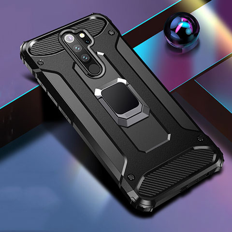 Funda Bumper Silicona y Plastico Mate Carcasa con Magnetico Anillo de dedo Soporte R04 para Xiaomi Redmi Note 8 Pro Negro