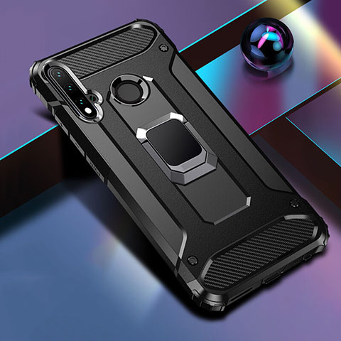 Funda Bumper Silicona y Plastico Mate Carcasa con Magnetico Anillo de dedo Soporte R05 para Huawei P20 Lite (2019) Negro