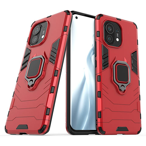 Funda Bumper Silicona y Plastico Mate Carcasa con Magnetico Anillo de dedo Soporte R05 para Xiaomi Mi 11 5G Rojo