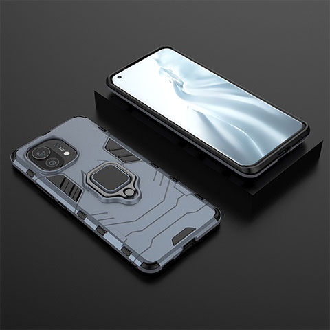 Funda Bumper Silicona y Plastico Mate Carcasa con Magnetico Anillo de dedo Soporte R07 para Xiaomi Mi 11 Lite 5G Azul