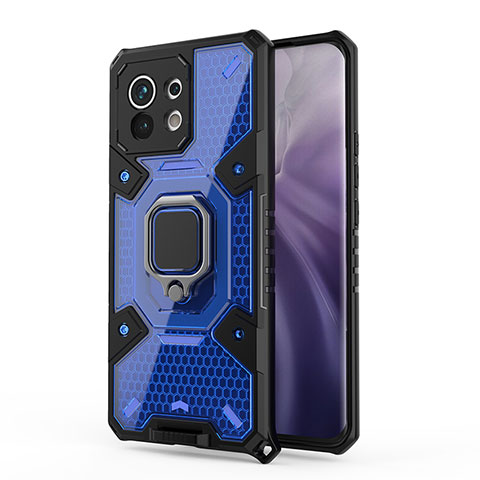 Funda Bumper Silicona y Plastico Mate Carcasa con Magnetico Anillo de dedo Soporte R08 para Xiaomi Mi 11 5G Azul