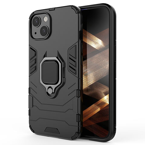Funda Bumper Silicona y Plastico Mate Carcasa con Magnetico Anillo de dedo Soporte S01 para Apple iPhone 15 Plus Negro