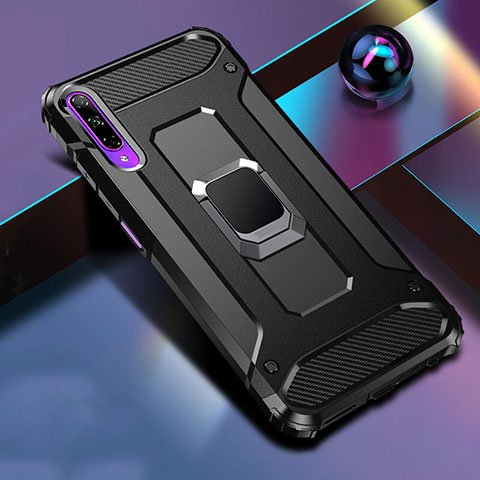 Funda Bumper Silicona y Plastico Mate Carcasa con Magnetico Anillo de dedo Soporte S01 para Huawei Honor 9X Pro Negro