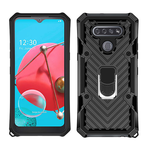 Funda Bumper Silicona y Plastico Mate Carcasa con Magnetico Anillo de dedo Soporte S01 para LG K51 Negro