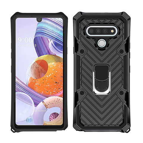 Funda Bumper Silicona y Plastico Mate Carcasa con Magnetico Anillo de dedo Soporte S01 para LG Stylo 6 Negro