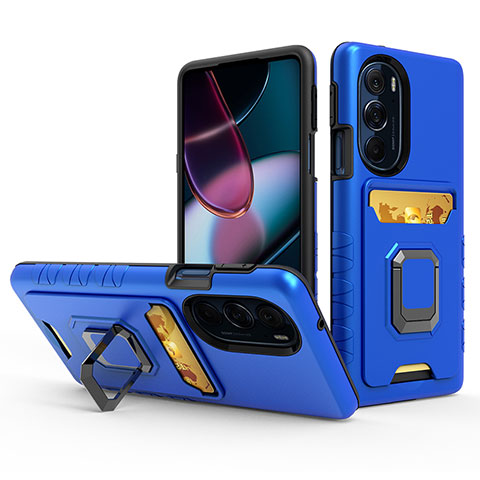 Funda Bumper Silicona y Plastico Mate Carcasa con Magnetico Anillo de dedo Soporte S01 para Motorola Moto Edge Plus (2022) 5G Azul