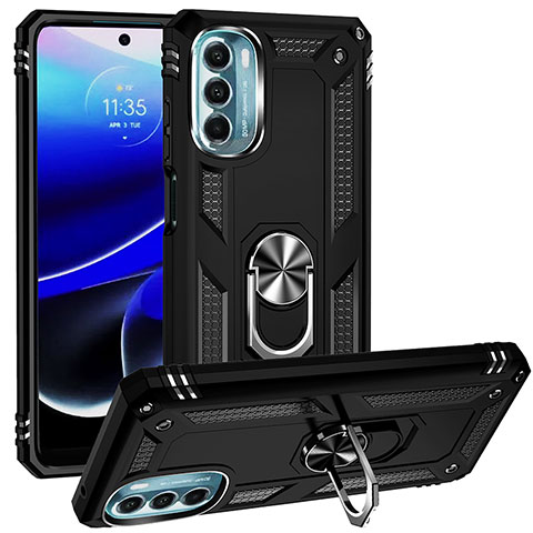 Funda Bumper Silicona y Plastico Mate Carcasa con Magnetico Anillo de dedo Soporte S01 para Motorola Moto G 5G (2022) Negro