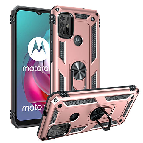 Funda Bumper Silicona y Plastico Mate Carcasa con Magnetico Anillo de dedo Soporte S01 para Motorola Moto G10 Oro Rosa