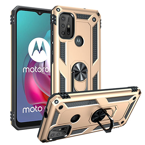 Funda Bumper Silicona y Plastico Mate Carcasa con Magnetico Anillo de dedo Soporte S01 para Motorola Moto G30 Oro