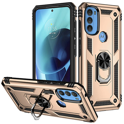 Funda Bumper Silicona y Plastico Mate Carcasa con Magnetico Anillo de dedo Soporte S01 para Motorola Moto G71 5G Oro