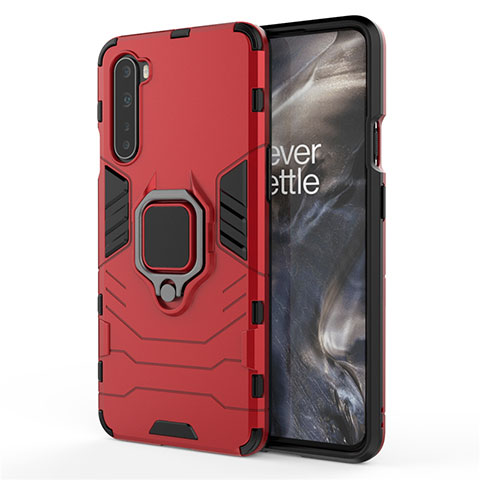 Funda Bumper Silicona y Plastico Mate Carcasa con Magnetico Anillo de dedo Soporte S01 para OnePlus Nord Rojo