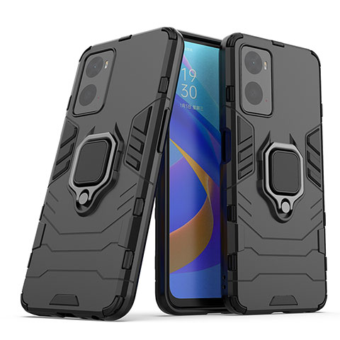 Funda Bumper Silicona y Plastico Mate Carcasa con Magnetico Anillo de dedo Soporte S01 para Oppo A96 4G Negro