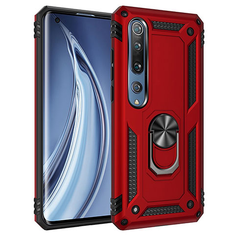 Funda Bumper Silicona y Plastico Mate Carcasa con Magnetico Anillo de dedo Soporte S01 para Xiaomi Mi 10 Rojo