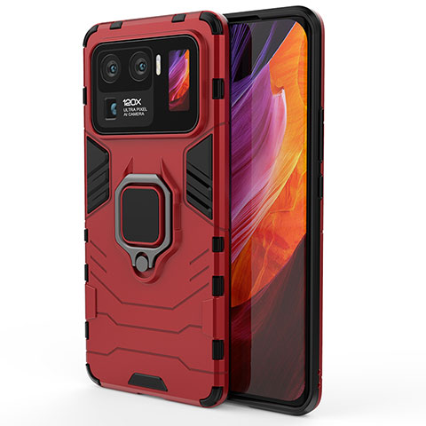Funda Bumper Silicona y Plastico Mate Carcasa con Magnetico Anillo de dedo Soporte S01 para Xiaomi Mi 11 Ultra 5G Rojo