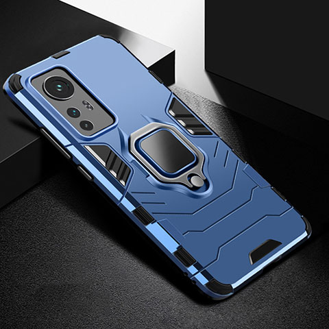 Funda Bumper Silicona y Plastico Mate Carcasa con Magnetico Anillo de dedo Soporte S01 para Xiaomi Mi 12 Pro 5G Azul