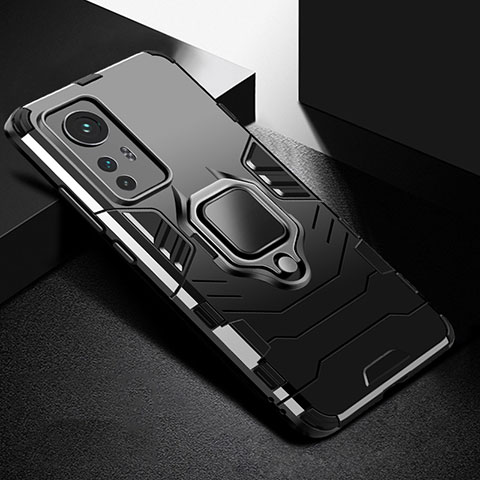 Funda Bumper Silicona y Plastico Mate Carcasa con Magnetico Anillo de dedo Soporte S01 para Xiaomi Mi 12 Pro 5G Negro