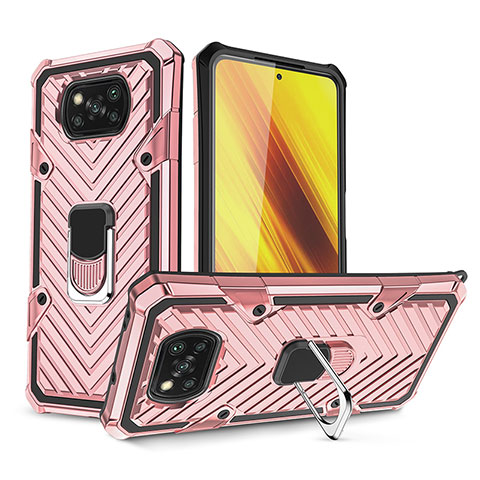 Funda Bumper Silicona y Plastico Mate Carcasa con Magnetico Anillo de dedo Soporte S01 para Xiaomi Poco X3 NFC Oro Rosa