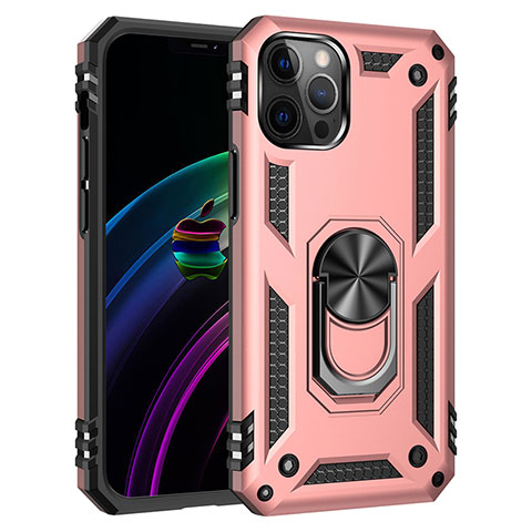 Funda Bumper Silicona y Plastico Mate Carcasa con Magnetico Anillo de dedo Soporte S02 para Apple iPhone 12 Pro Oro Rosa