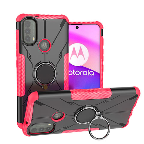 Funda Bumper Silicona y Plastico Mate Carcasa con Magnetico Anillo de dedo Soporte S02 para Motorola Moto E40 Rosa Roja