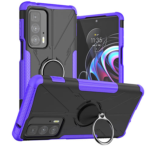 Funda Bumper Silicona y Plastico Mate Carcasa con Magnetico Anillo de dedo Soporte S02 para Motorola Moto Edge 20 Pro 5G Morado