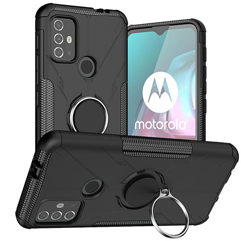 Funda Bumper Silicona y Plastico Mate Carcasa con Magnetico Anillo de dedo Soporte S02 para Motorola Moto G10 Power Negro