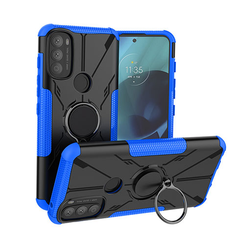 Funda Bumper Silicona y Plastico Mate Carcasa con Magnetico Anillo de dedo Soporte S02 para Motorola Moto G71 5G Azul