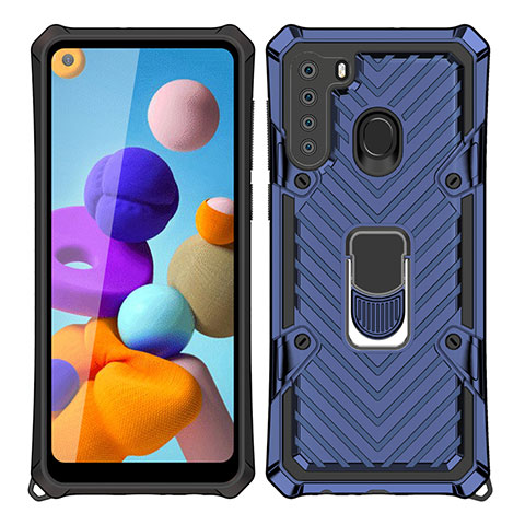 Funda Bumper Silicona y Plastico Mate Carcasa con Magnetico Anillo de dedo Soporte S02 para Samsung Galaxy A21 Azul