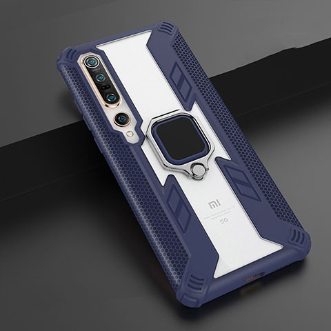 Funda Bumper Silicona y Plastico Mate Carcasa con Magnetico Anillo de dedo Soporte S02 para Xiaomi Mi 10 Pro Azul