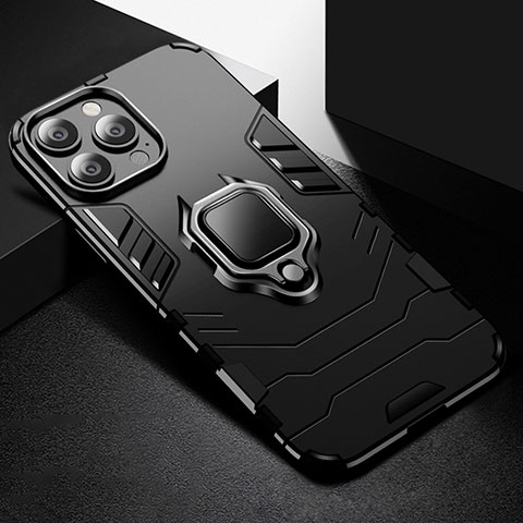 Funda Bumper Silicona y Plastico Mate Carcasa con Magnetico Anillo de dedo Soporte S03 para Apple iPhone 14 Pro Negro