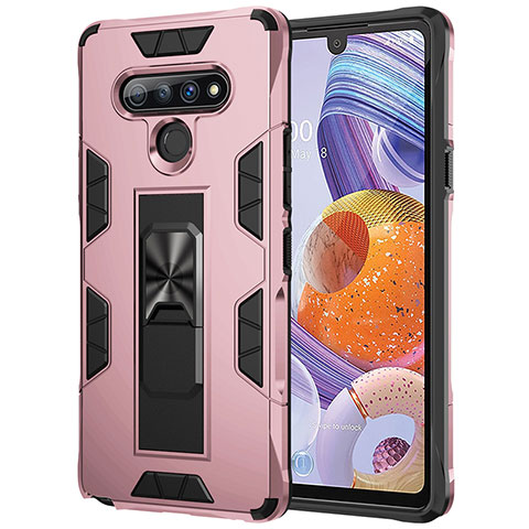 Funda Bumper Silicona y Plastico Mate Carcasa con Magnetico Anillo de dedo Soporte S03 para LG Stylo 6 Oro Rosa