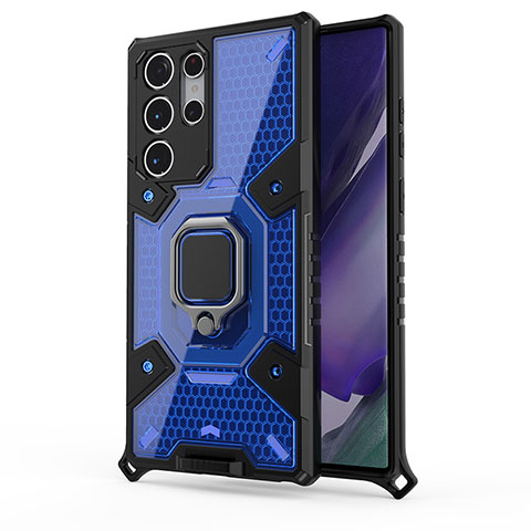 Funda Bumper Silicona y Plastico Mate Carcasa con Magnetico Anillo de dedo Soporte S03 para Samsung Galaxy S22 Ultra 5G Azul