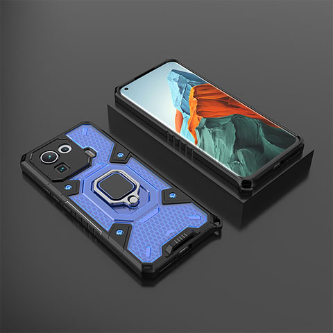 Funda Bumper Silicona y Plastico Mate Carcasa con Magnetico Anillo de dedo Soporte S03 para Xiaomi Mi 11 Pro 5G Azul