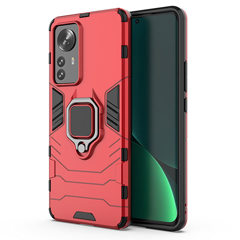 Funda Bumper Silicona y Plastico Mate Carcasa con Magnetico Anillo de dedo Soporte S03 para Xiaomi Mi 12 5G Rojo