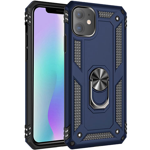 Funda Bumper Silicona y Plastico Mate Carcasa con Magnetico Anillo de dedo Soporte S04 para Apple iPhone 11 Azul